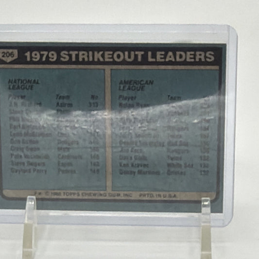 Back of 1980 Topps #206 J.R. Richard and Nolan Ryan Strikeout Leaders card