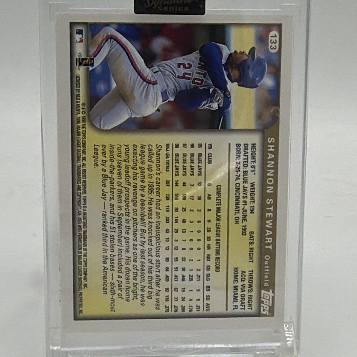 Back of 1999 Topps Shannon Stewart #133 used for the 2022 Archives Signature Series autographed buyback