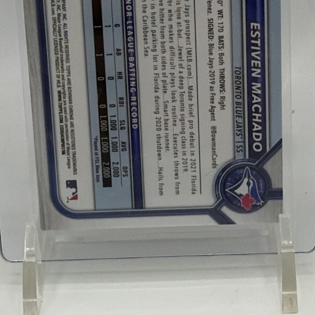 Reverse detail of 2022 Bowman Chrome Estiven Machado Green Refractor showing limited serial numbering 57 of 99