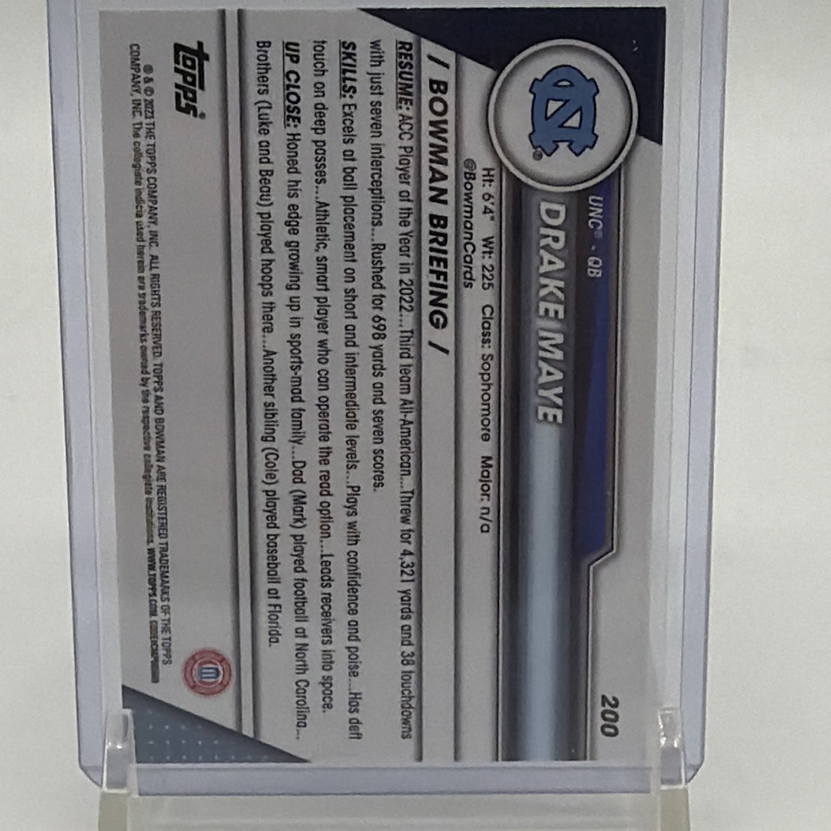 Back of 2023 Bowman University Chrome Drake Maye #200