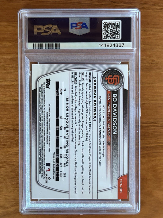 Back of 2025 Bowman Chrome Bo Davidson Blue Reptilian autograph card numbered 150 of 150 in PSA holder, showing player statistics, biography, and authentication details.