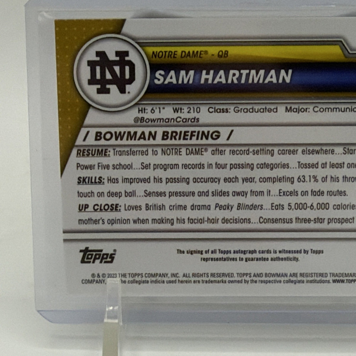 Topps 2023 Bowman University Chrome Sam Hartman Autograph #165 Notre Dame QB