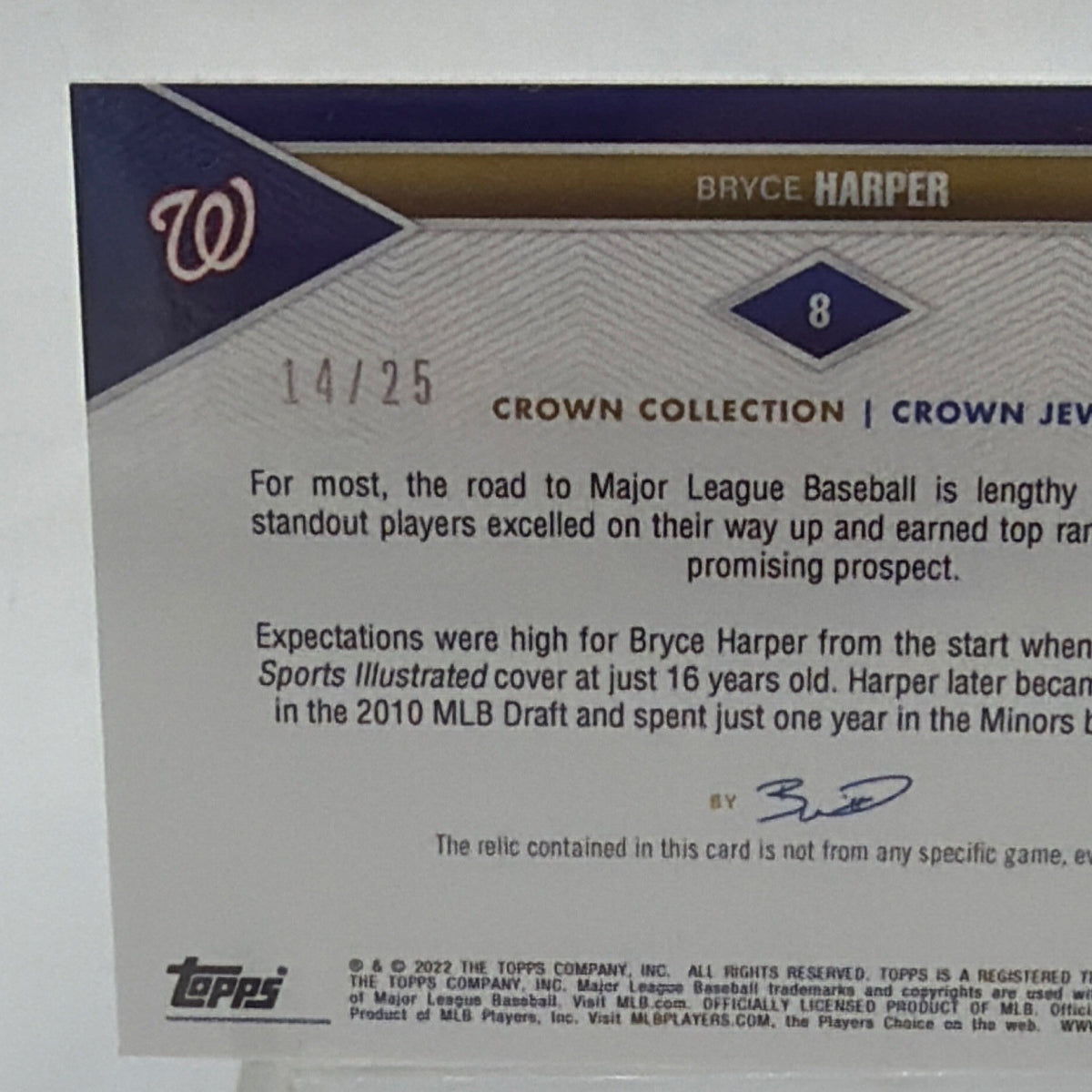 2022 Topps x Bobby Witt Jr. Crown Collection Game Relic Bryce Harper #8 14/25