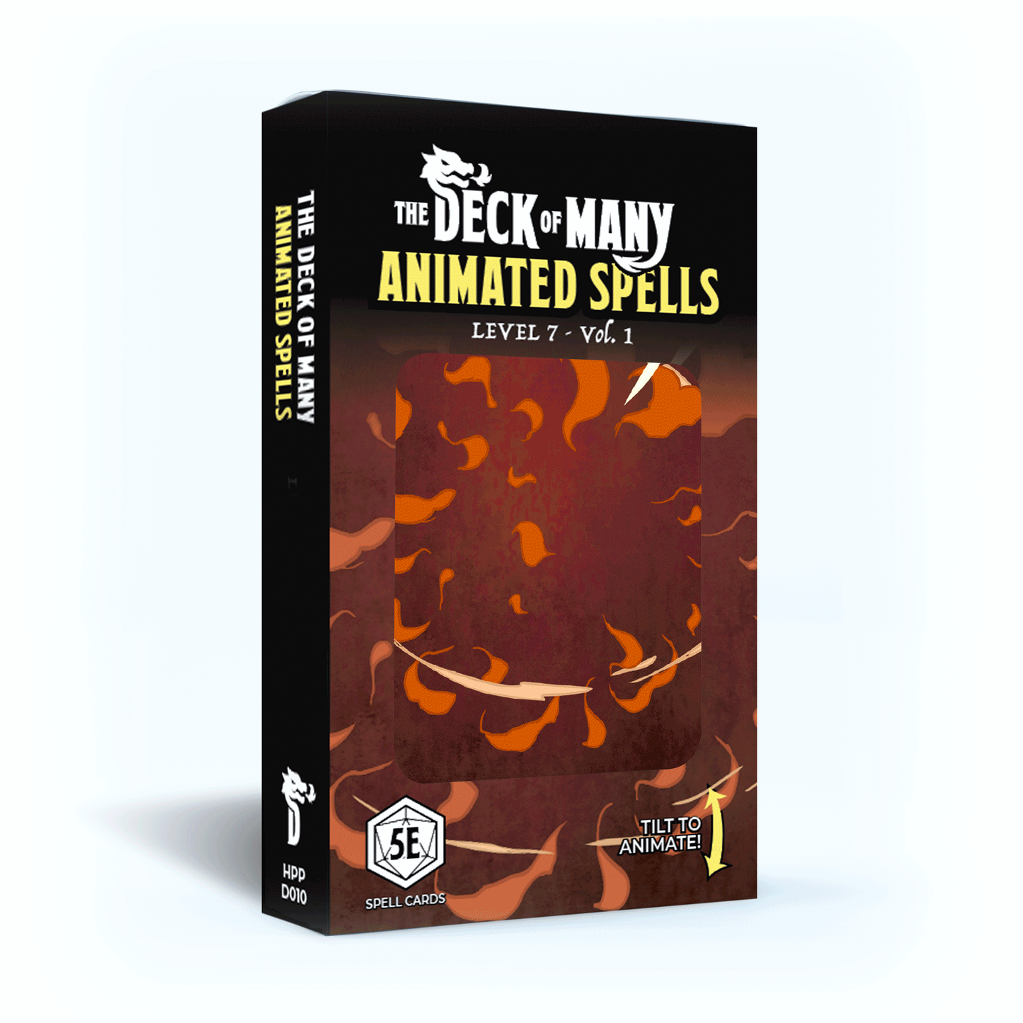 Animated Spells Level 7, Deck of Many Animated Spells Level 7, Hit Point Press spell cards, D&D 5e reference cards, 20 lenticular spell cards, Arcane Sword card, Etherealness card, Reverse Gravity card, Regenerate card, Spellcraft blank cards