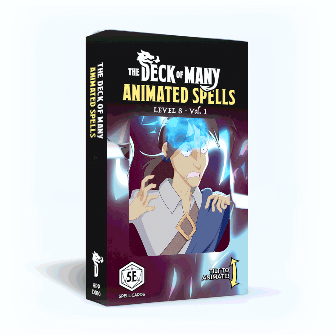 Animated Spells Level 8, Deck of Many Animated Spells Level 8, Hit Point Press spell cards, D&D 5e reference cards, 16 lenticular spell cards, Animal Shapes card, Power Word Stun reference, Clone card, Earthquake card, Sunburst card, Spellcraft blank cards