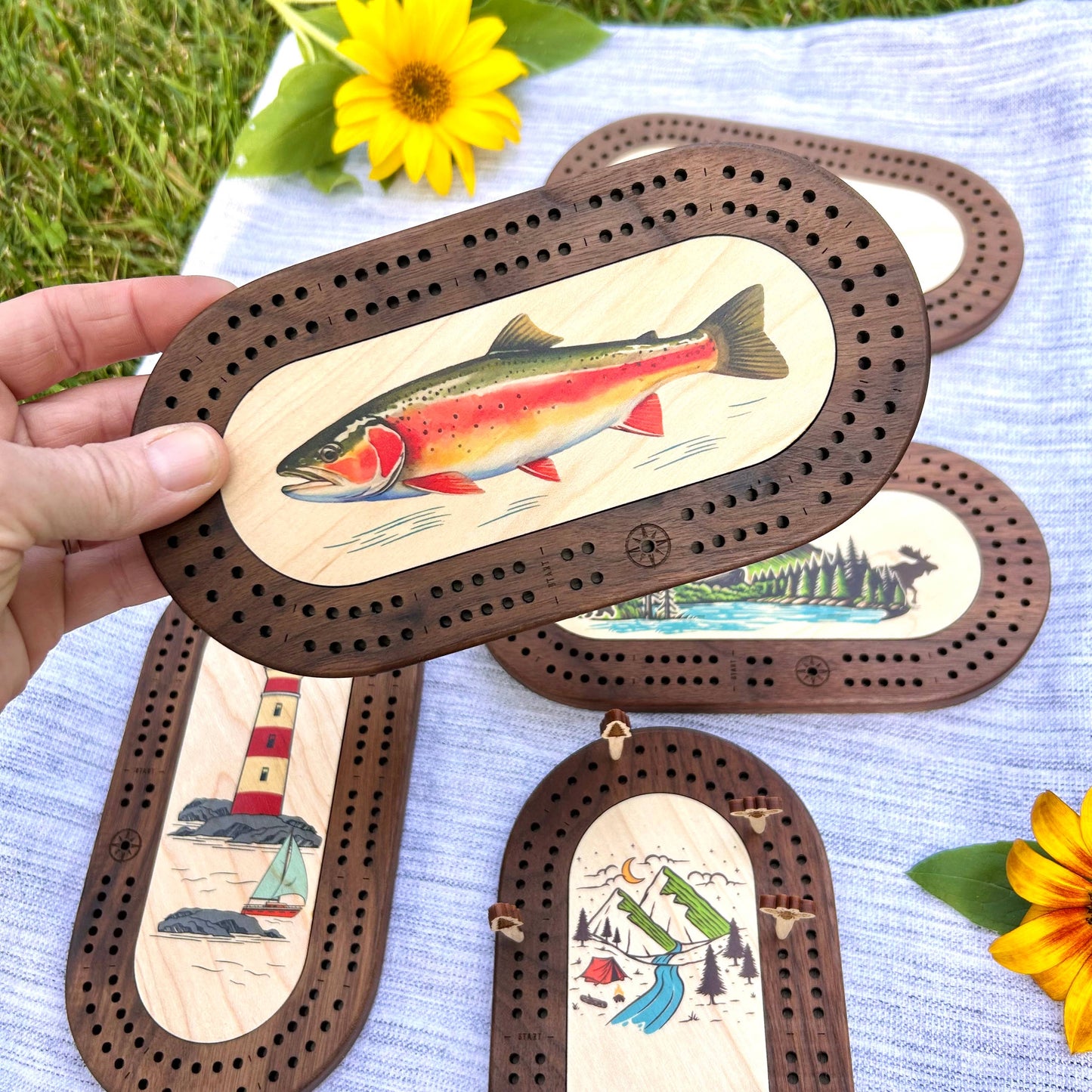 deluxe mini cribbage board, travel cribbage set, wildlife cribbage board, Cast and Carve games, pocket cribbage board, maple walnut game board, custom cribbage pegs, souvenir cribbage board, Maine made gift, eco friendly travel game, camping, hiking