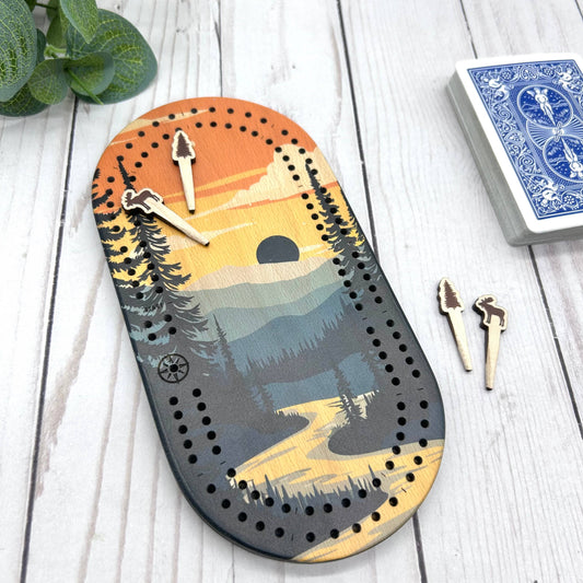 mini travel cribbage board, wilderness cribbage game, pocket cribbage set, Cast and Carve cribbage, wildlife cribbage board, UV printed cribbage board, solid wood cribbage set, eco friendly travel game, Maine-made game board
