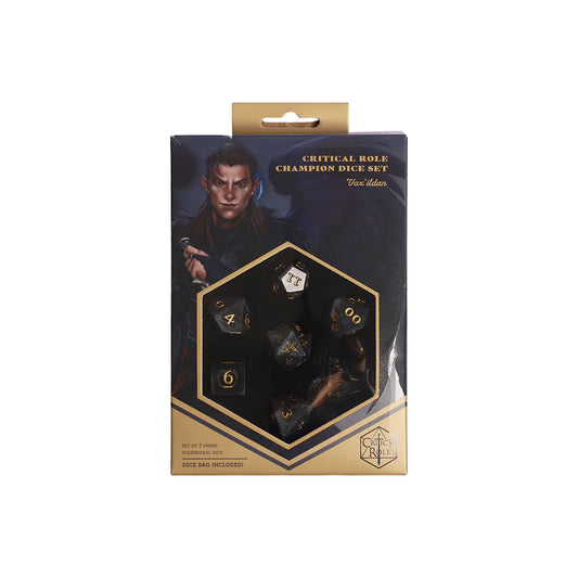 Packaged dice set with Vaxildan illustration on a white background