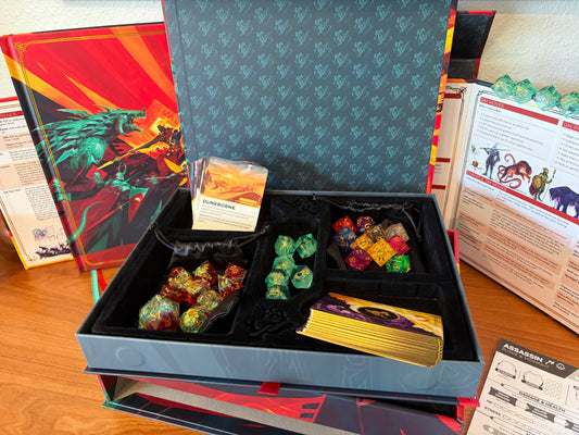Open Daggerheart Hope & Fear Deluxe Edition showing premium organizer tray, deluxe dice, cards, and collector's accessories.