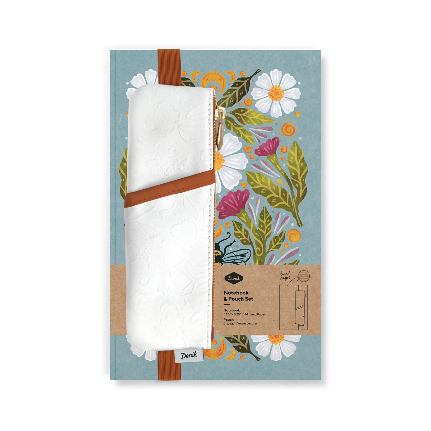 Denik notebook set, honeybee notebook pouch, layflat journal bundle, vegan leather stationery set, embroidered notebook pouch, zippered notebook accessory, lined notebook with pen holder, artist-designed journal set, giftable stationery set