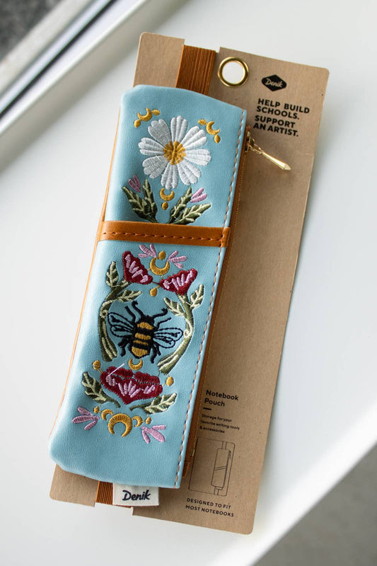 honeybee notebook pouch, vegan leather pen pouch, Denik honeybee design, soft faux suede pouch, embroidered pencil case, journal pen holder, elastic notebook strap, bee stationery accessory, artist-made pencil pouch