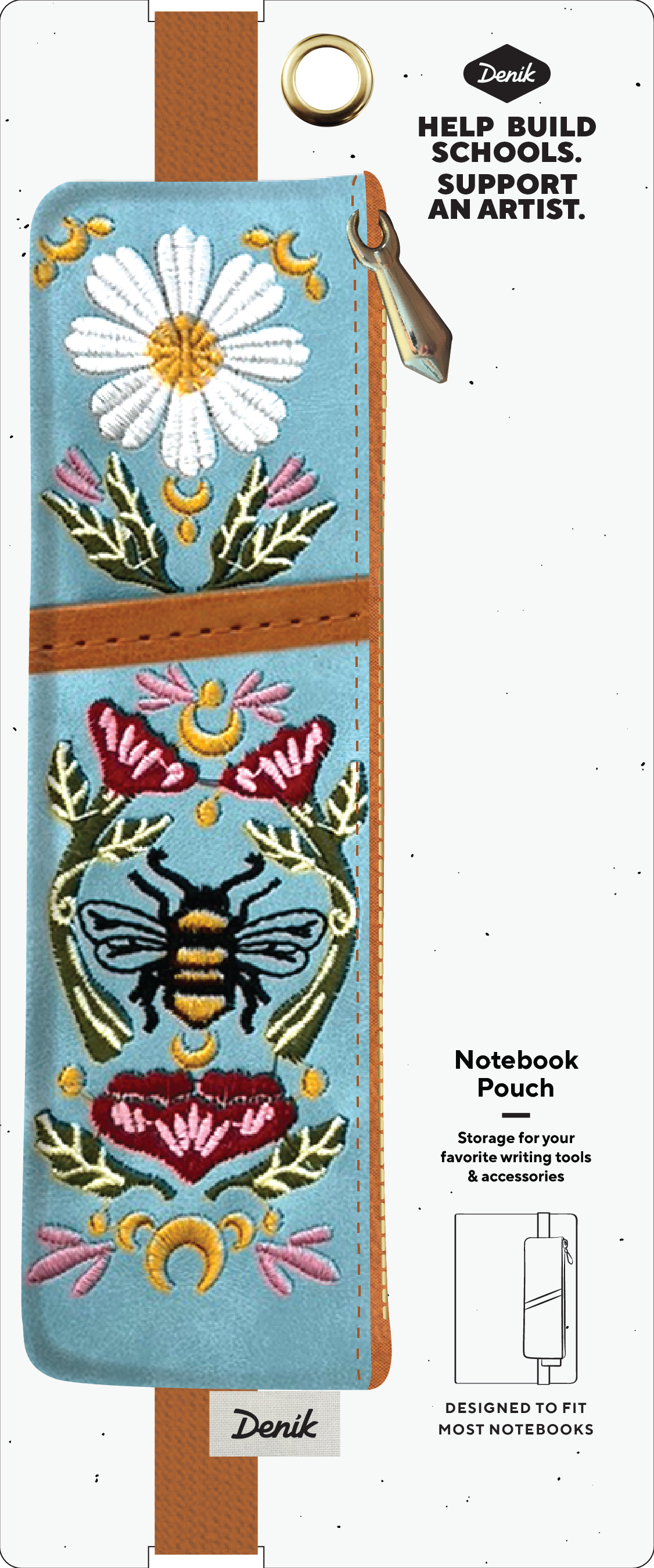 honeybee notebook pouch, vegan leather pen pouch, Denik honeybee design, soft faux suede pouch, embroidered pencil case, journal pen holder, elastic notebook strap, bee stationery accessory, artist-made pencil pouch