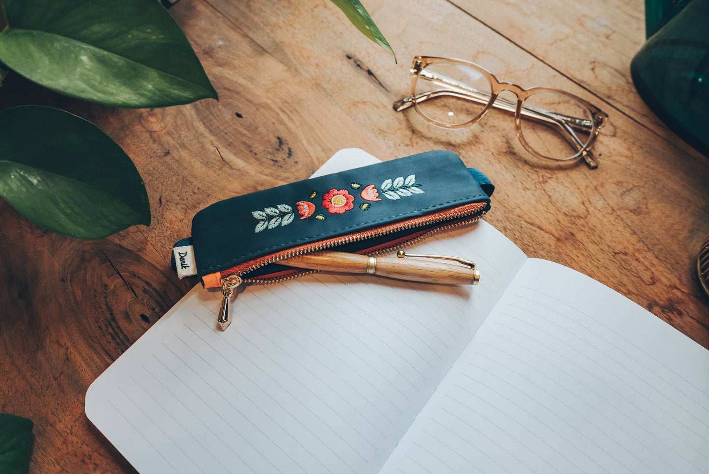 Denik notebook pouch, Evelynn pouch, embroidered notebook accessory, vegan leather pen holder, zippered pencil pouch, faux suede journal pouch, elastic pen case for notebooks, creative stationery pouch, portable pen holder