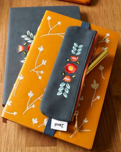 Denik notebook pouch, Evelynn pouch, embroidered notebook accessory, vegan leather pen holder, zippered pencil pouch, faux suede journal pouch, elastic pen case for notebooks, creative stationery pouch, portable pen holder