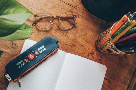 Denik notebook pouch, Evelynn pouch, embroidered notebook accessory, vegan leather pen holder, zippered pencil pouch, faux suede journal pouch, elastic pen case for notebooks, creative stationery pouch, portable pen holder