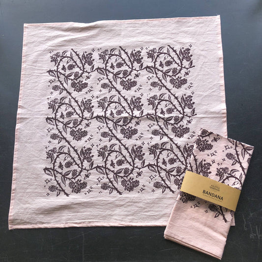 blackberry print bandana, hand printed cotton bandana, screen printed nature bandana, Solstice Handmade bandana, oversized lightweight bandana, eco friendly cotton scarf, small batch botanical textile, bramble bandana