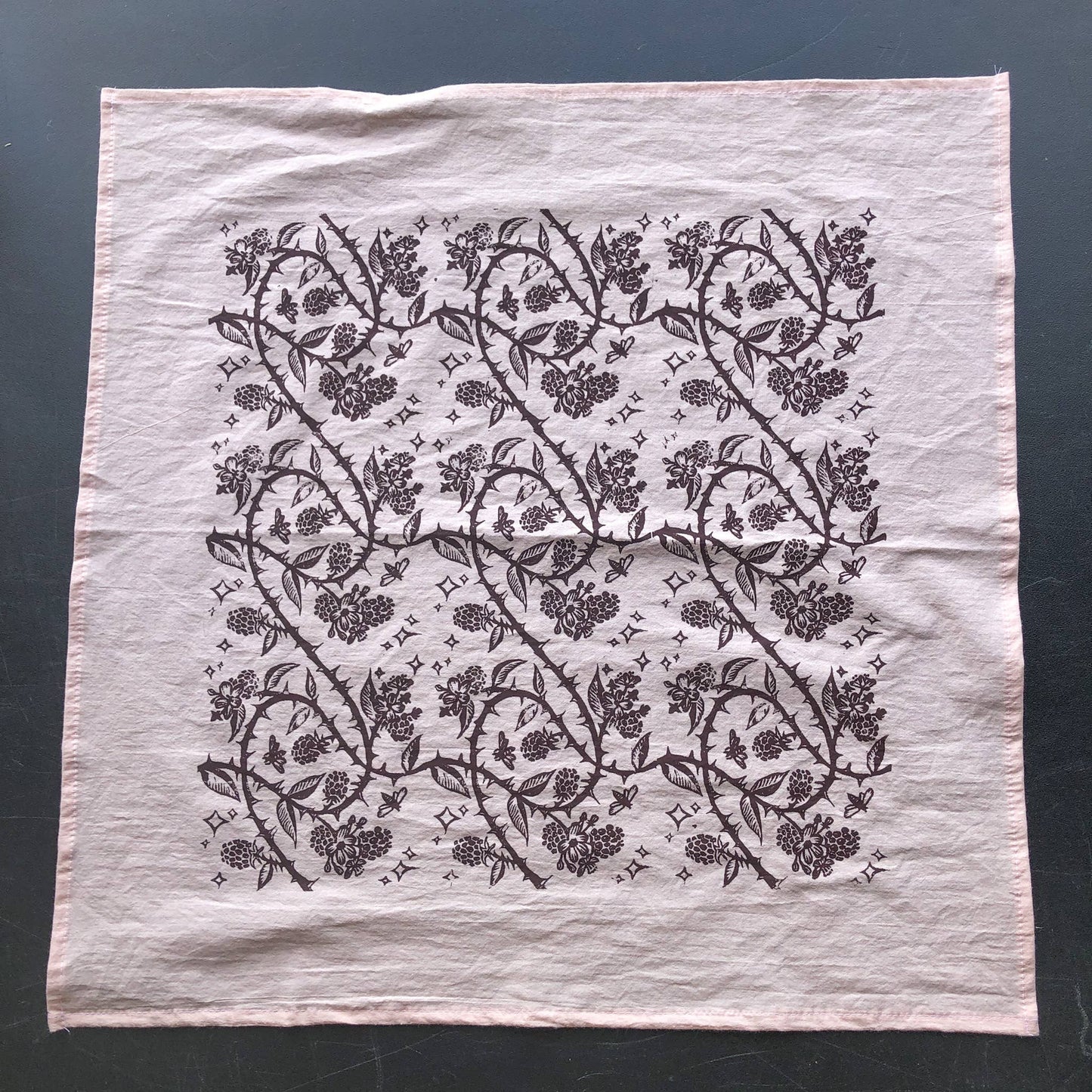 blackberry print bandana, hand printed cotton bandana, screen printed nature bandana, Solstice Handmade bandana, oversized lightweight bandana, eco friendly cotton scarf, small batch botanical textile, bramble bandana