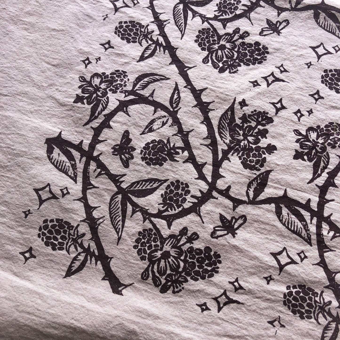 blackberry print bandana, hand printed cotton bandana, screen printed nature bandana, Solstice Handmade bandana, oversized lightweight bandana, eco friendly cotton scarf, small batch botanical textile, bramble bandana