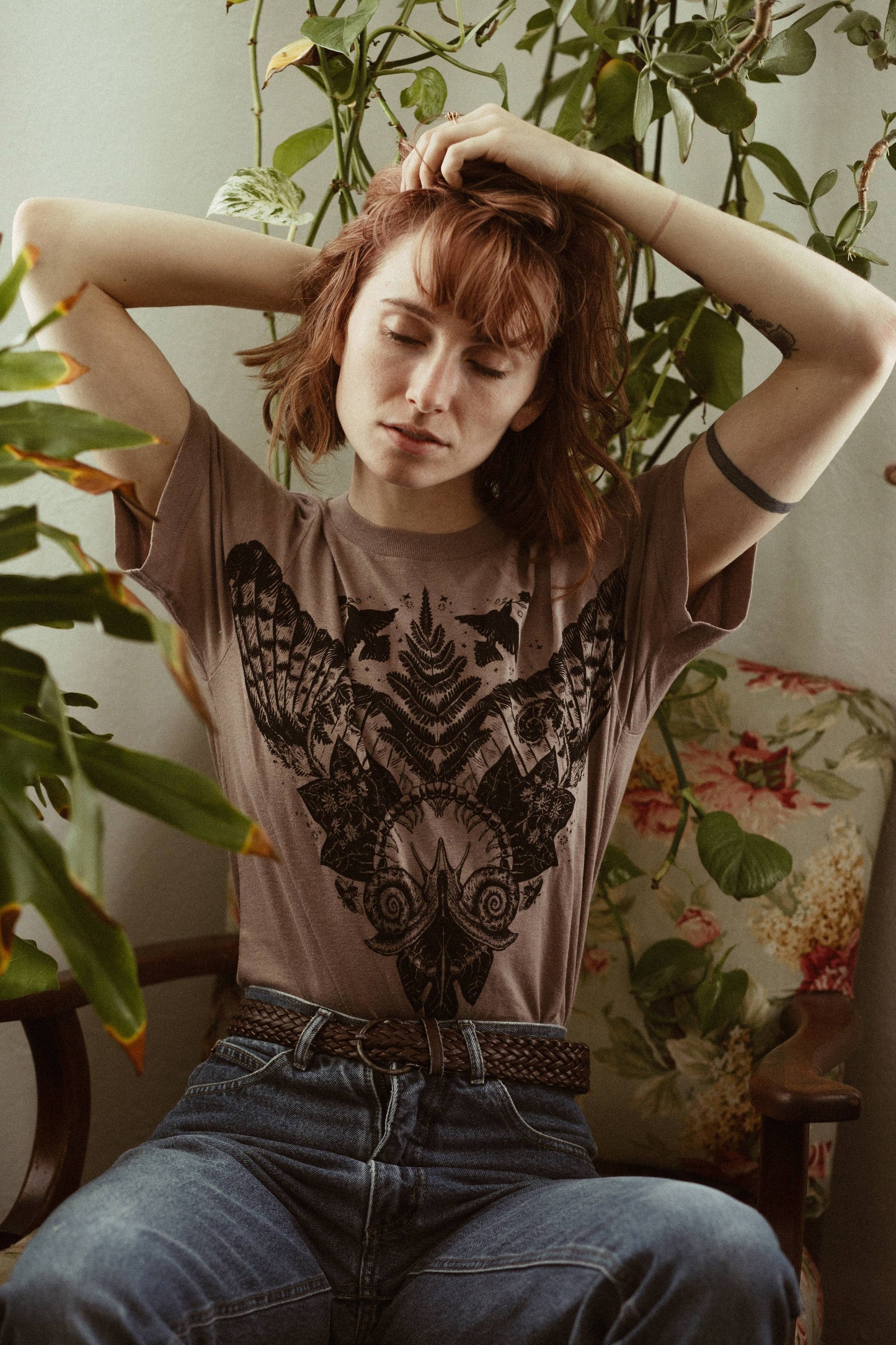 organic cotton nature shirt, insect and flora t-shirt, Solstice Handmade shirt, eco-friendly screen printed tee, unisex garden t-shirt, hand printed organic tee, secret garden shirt, small batch botanical shirt, earth tone nature tee