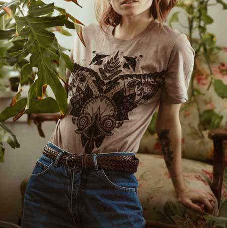 organic cotton nature shirt, insect and flora t-shirt, Solstice Handmade shirt, eco-friendly screen printed tee, unisex garden t-shirt, hand printed organic tee, secret garden shirt, small batch botanical shirt, earth tone nature tee