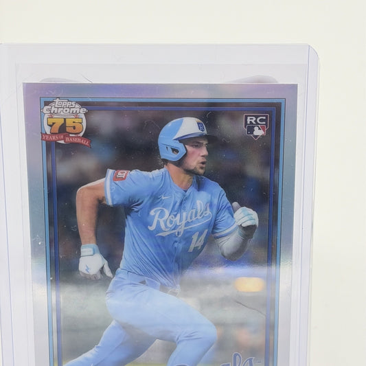 Close-up of the upper portion of a 2026 Topps Chrome Jac Caglianone 75th Anniversary Refractor rookie card showing the Topps Chrome 75 Years logo, RC shield, and player portrait.