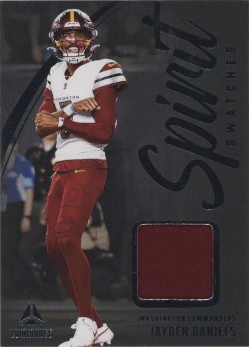 Full front view of Jayden Daniels 2025 Panini Luminance Spirit Swatches #SSW-JDA with burgundy memorabilia swatch