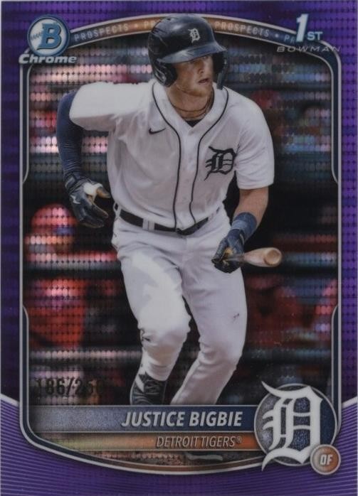 Full front view of Justice Bigbie 2025 Bowman Chrome 1st Bowman Purple Pulsar #BCP-215
