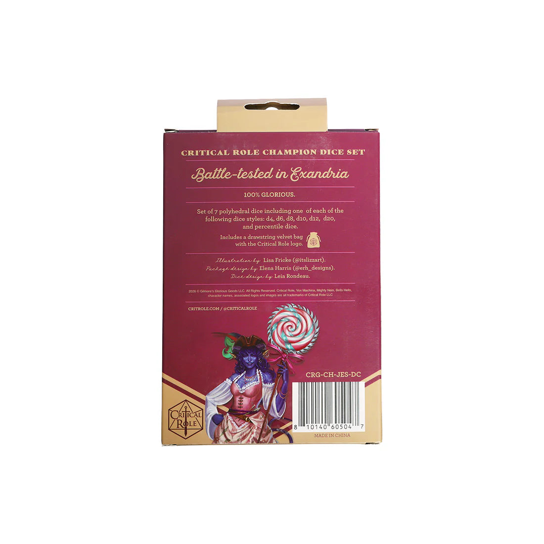 Box of Critical Role Champion Dice Set with Jester Lavorre character illustration on a white background