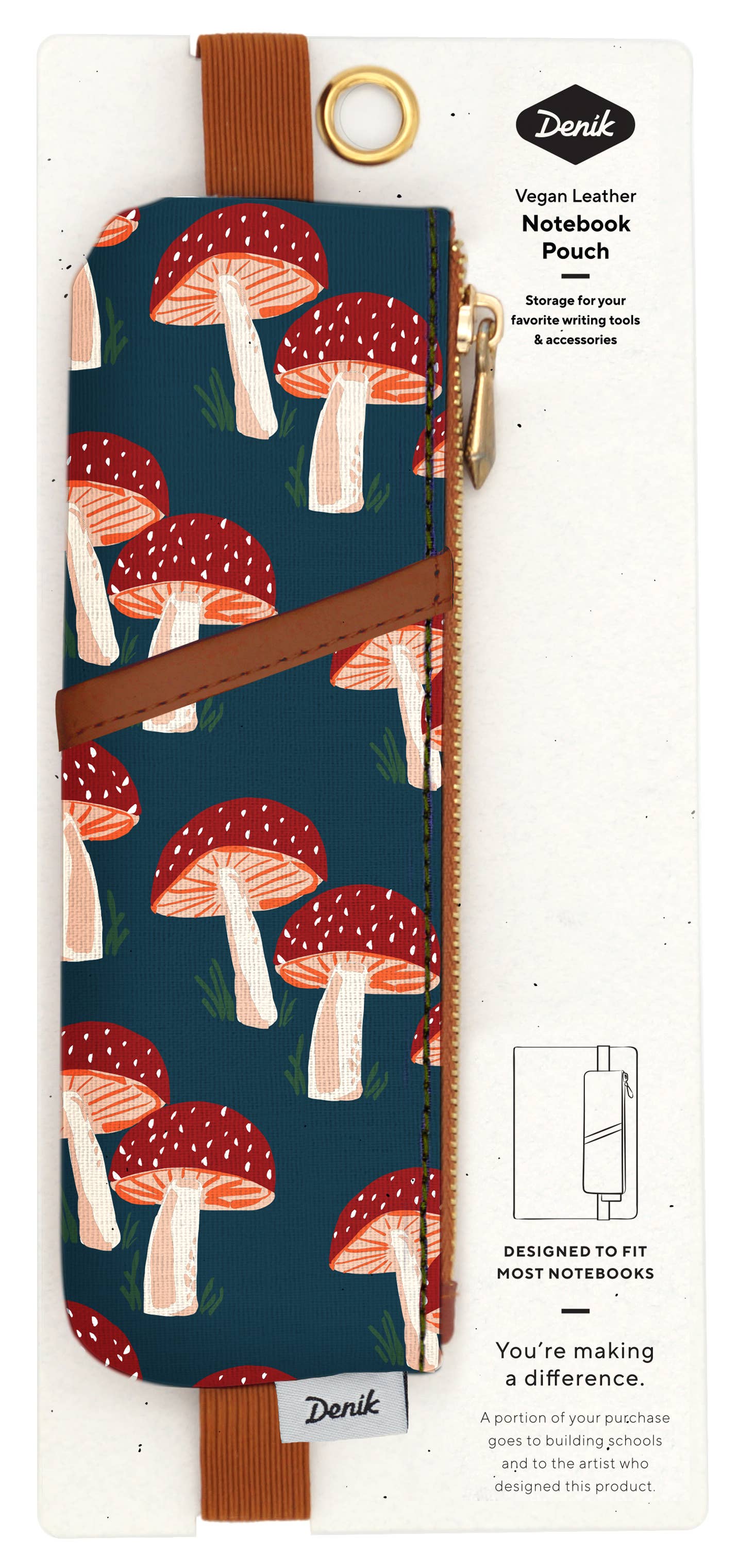 mushroom notebook pouch, vegan leather journal pouch, embroidered pencil pouch, Denik mushroom design, navy pen holder, faux suede notebook strap, sketchbook pen pouch, artist-driven notebook accessory, school-funding stationery
