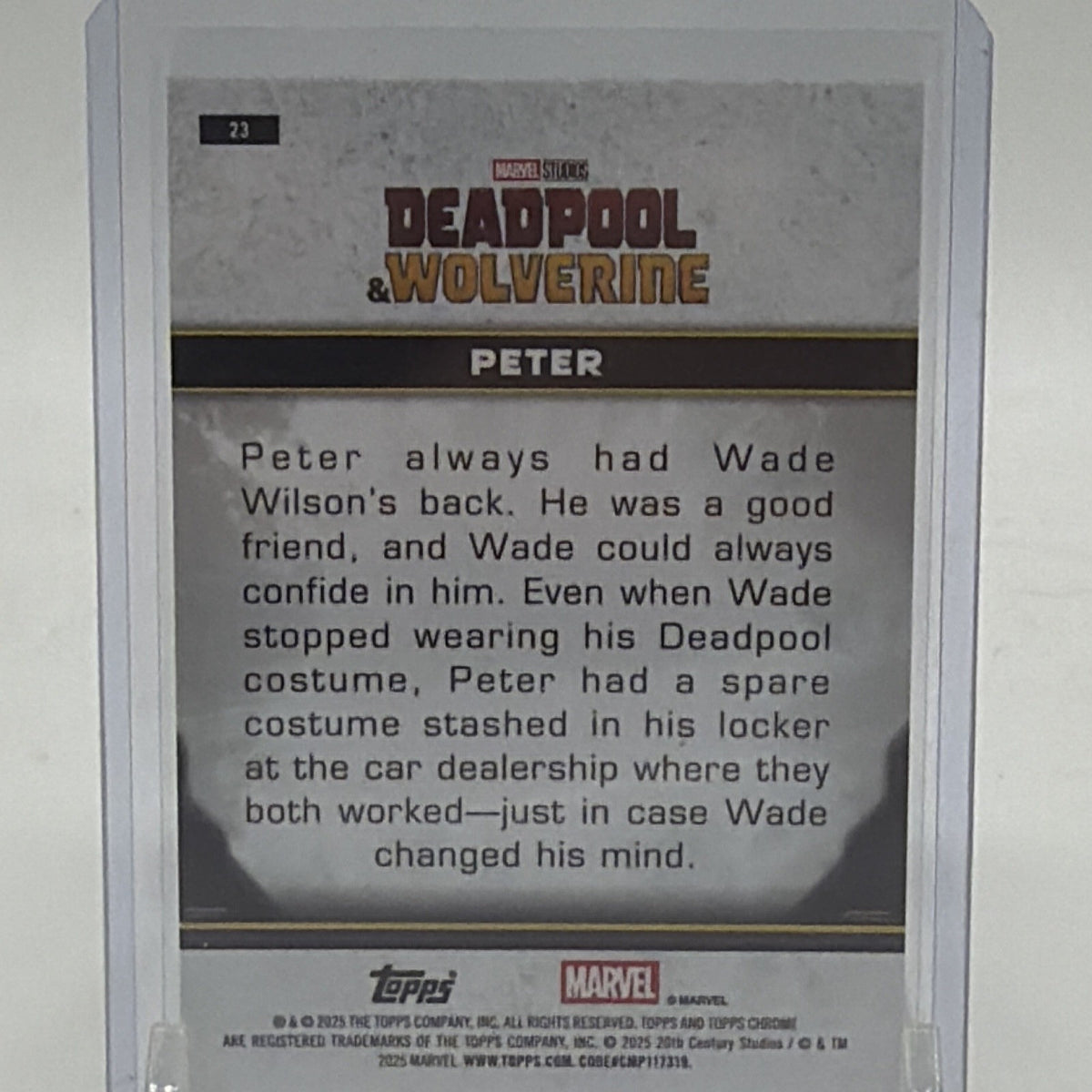 Back detail of Rob Delaney as Peter on 2025 Topps Chrome Deadpool #23
