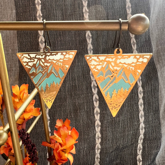 Ridgeline earrings, stained glass resin earrings, mountain earrings, landscape earrings, brass dangle earrings, nature-inspired jewelry, scenic resin earrings, handcrafted earrings, artisan mountain earrings, lightweight statement jewelry, outdoorsy earrings, Rogue & Rye earrings, hiking gift idea, wilderness inspired earrings, colorful scenic jewelry, everyday art jewelry, handmade mountain landscape earrings, adventure style accessories, modern nature earrings, gift for outdoor lovers, boho