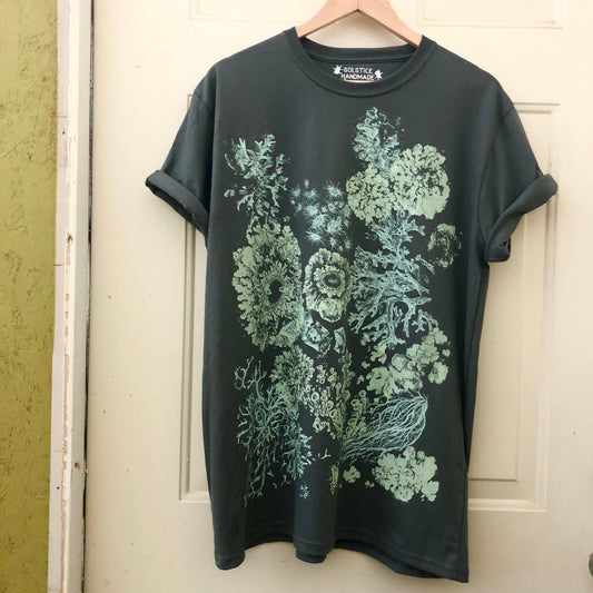 lichen t-shirt, organic cotton nature shirt, Solstice Handmade tee, unisex botanical shirt, lichen print shirt, hand screen printed tee, eco friendly t-shirt, small batch organic shirt, Alternative Apparel