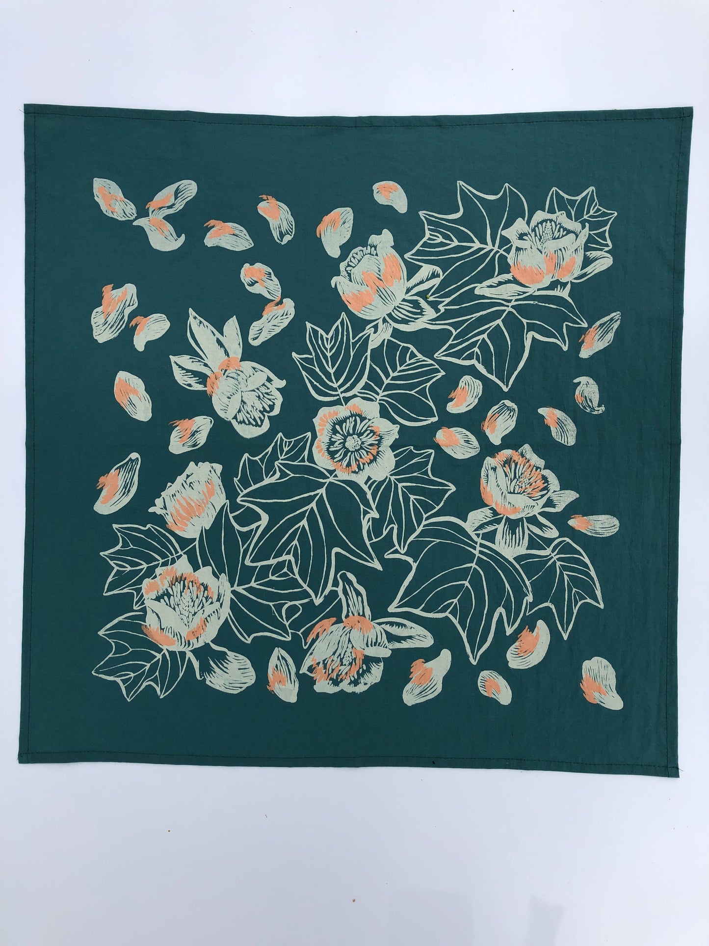 hand printed bandana, botanical bandana, insect print bandana, cotton bandana, tulip poplar design, Solstice Handmade, oversized green bandana, nature print accessory, eco-friendly gift, small batch screen print