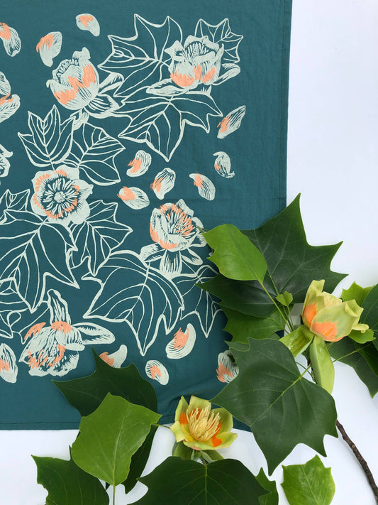 hand printed bandana, botanical bandana, insect print bandana, cotton bandana, tulip poplar design, Solstice Handmade, oversized green bandana, nature print accessory, eco-friendly gift, small batch screen print