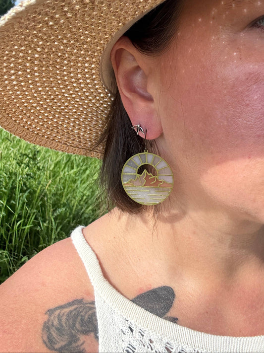 Glacier National Park earrings, Swiftcurrent earrings, stained glass resin earrings, nature-inspired jewelry, national park earrings, handcrafted scenic earrings, lightweight statement earrings, mountain landscape earrings, Rogue & Rye earrings, outdoor adventure jewelry, artisan resin earrings, brass dangle earrings, modern nature earrings, colorful scenic jewelry, gift for nature lovers, unique national park gift, handmade landscape earrings, resin art earrings, bold everyday earrings, wilderness inspired