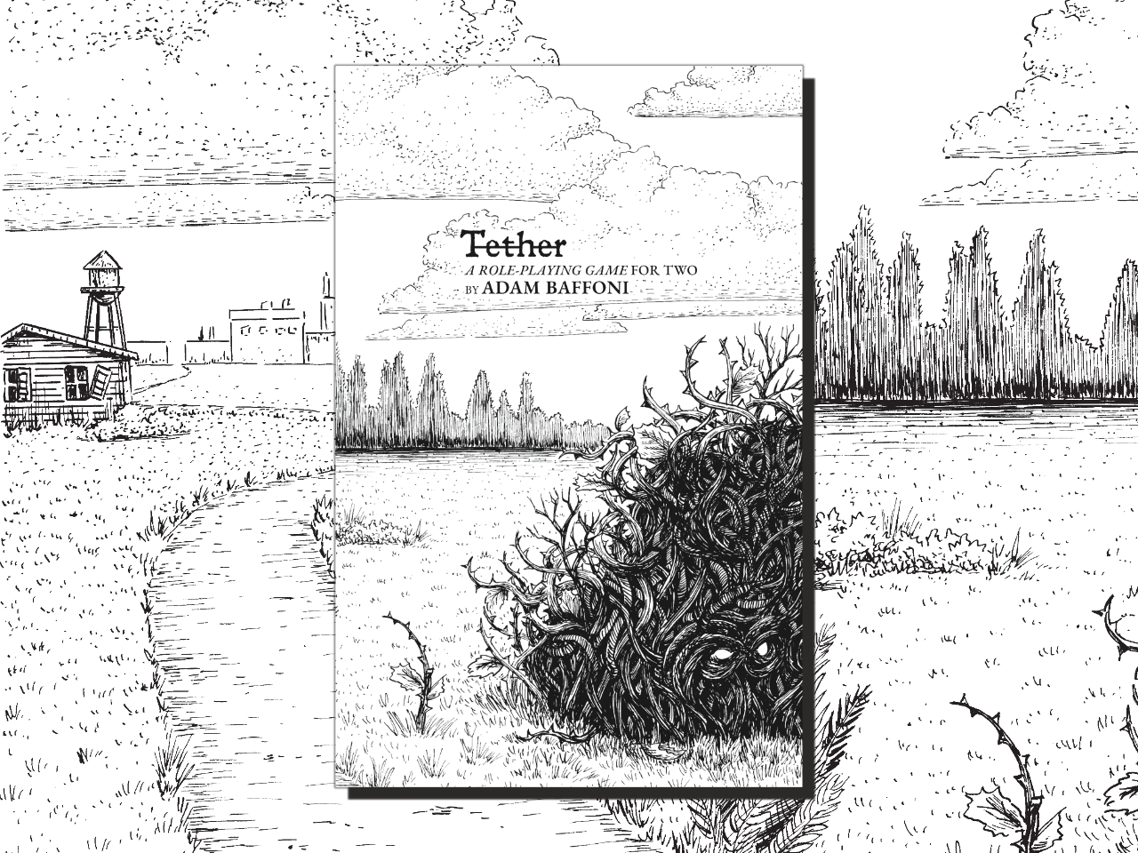 two-player journaling game, partner letter-writing RPG, indie RPG zine, Tether RPG, storytelling game for two, time travel roleplaying game, A5 roleplay zine, narrative-driven TTRPG, asynchronous RPG, duet journaling game, moody rural RPG, black and white RPG zine, Rogue & Rye games, introspective roleplay game, small town mystery game, emotional TTRPG, slow-paced story game, analog letter game, creative writing game for pairs, collaborative story building