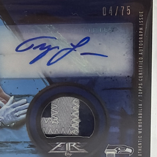Close-up of Tyler Lockett 2015 Topps Fire Blue rookie autograph patch card numbered 04/75