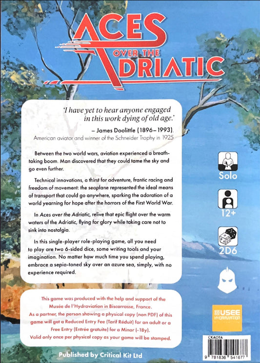 solo TTRPG aviation game, WWI pilot RPG, solo roleplaying game book, Aces Over the Adriatic RPG, narrative solo RPG dice game, historical aviation tabletop RPG, sepia-toned solo RPG, solo journaling RPG with dice, air combat roleplay game, storytelling flight adventure RPG