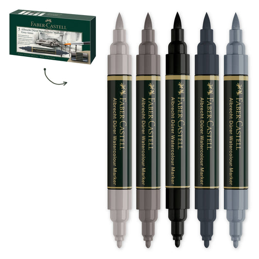 Albrecht Dürer grey tone markers, Faber-Castell watercolor markers, dual tip watercolor pens, grey watercolor brush markers, water-soluble grey markers, artist sketching markers, black and grey art markers, tonal watercolor markers, professional grey markers, illustration tools for artists