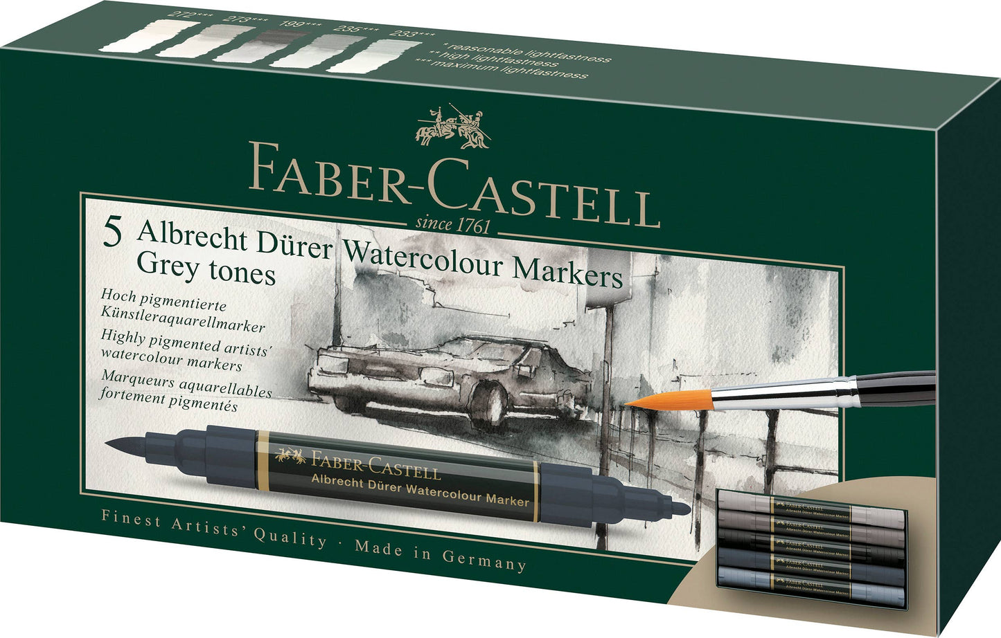 Albrecht Dürer grey tone markers, Faber-Castell watercolor markers, dual tip watercolor pens, grey watercolor brush markers, water-soluble grey markers, artist sketching markers, black and grey art markers, tonal watercolor markers, professional grey markers, illustration tools for artists