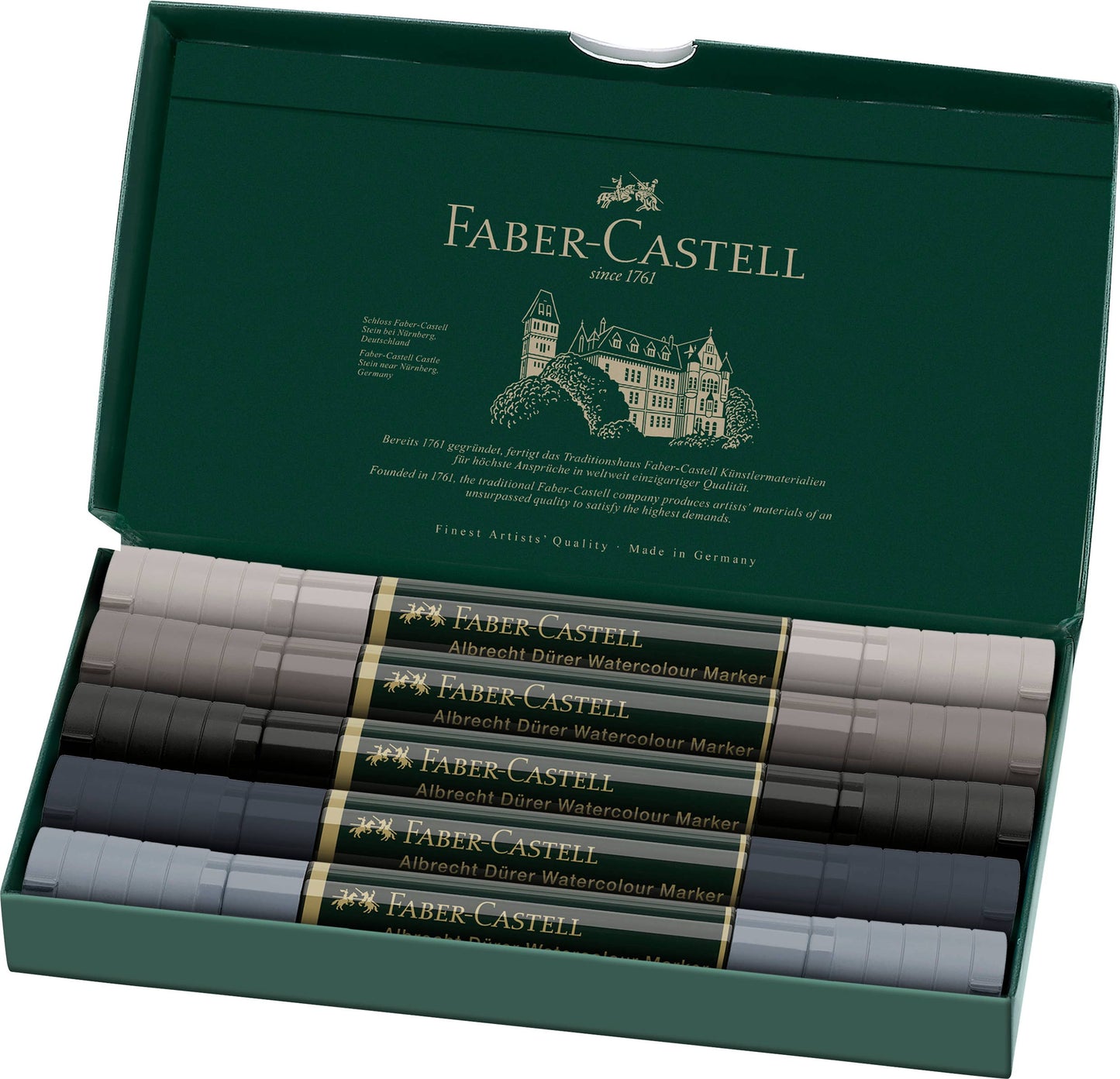 Albrecht Dürer grey tone markers, Faber-Castell watercolor markers, dual tip watercolor pens, grey watercolor brush markers, water-soluble grey markers, artist sketching markers, black and grey art markers, tonal watercolor markers, professional grey markers, illustration tools for artists