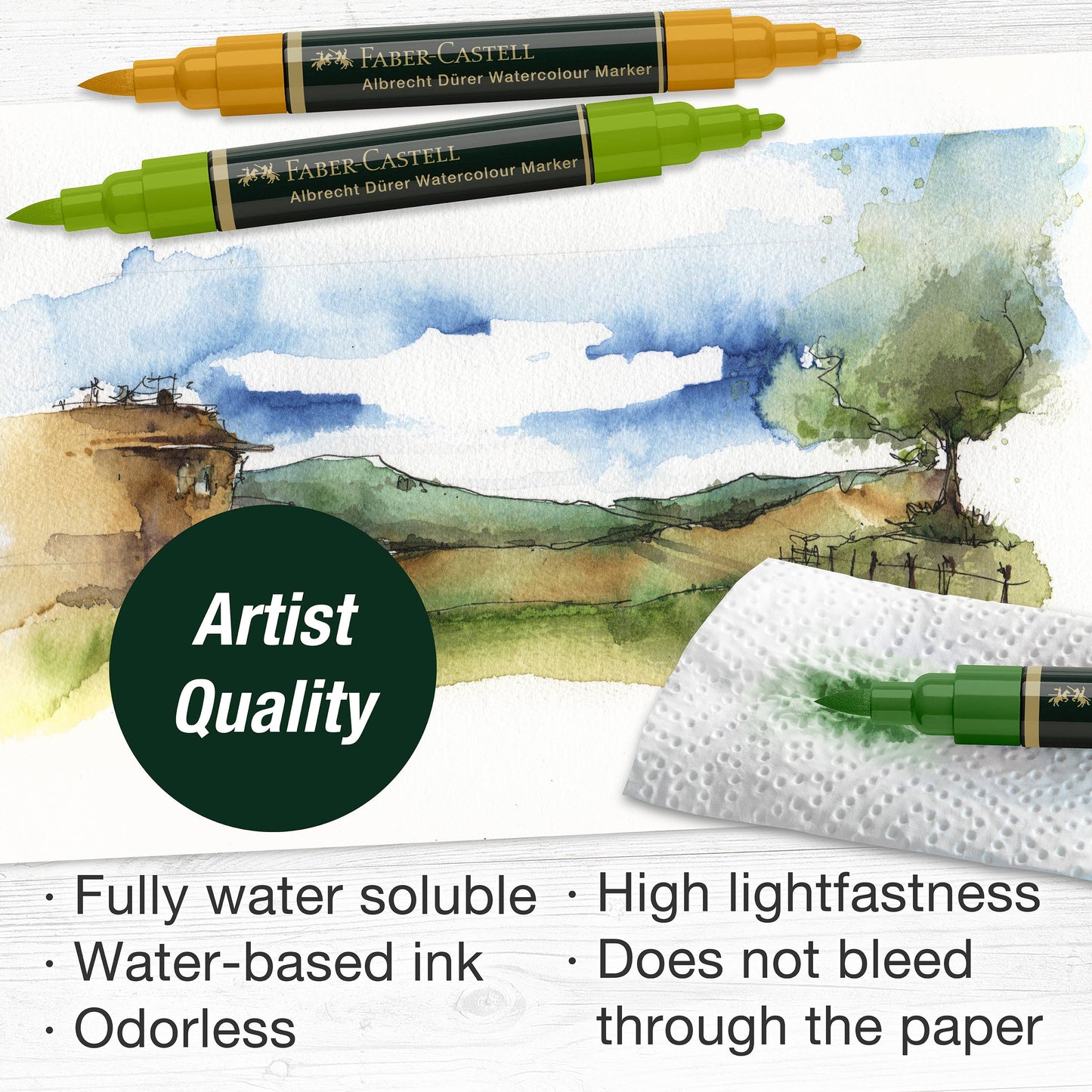 Albrecht Dürer watercolor markers, Faber-Castell artist markers, watercolor brush markers, dual tip watercolor pens, watercolor sketching tools, plein air art supplies, travel watercolor markers, water-soluble markers, watercolor markers for artists, professional art markers