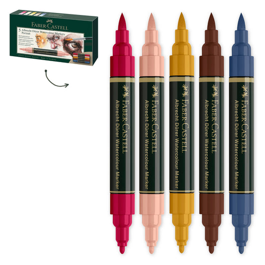 Albrecht Dürer portrait markers, Faber-Castell watercolor markers, dual tip portrait markers, watercolor markers for skin tones, water-soluble art markers, skin tone brush markers, portrait illustration markers, artist markers for portraits, watercolor blending markers, professional art supplies for drawing