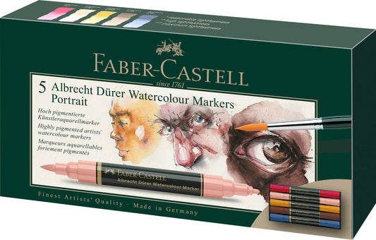 Albrecht Dürer portrait markers, Faber-Castell watercolor markers, dual tip portrait markers, watercolor markers for skin tones, water-soluble art markers, skin tone brush markers, portrait illustration markers, artist markers for portraits, watercolor blending markers, professional art supplies for drawing