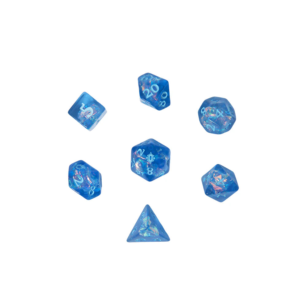 Allura Vysoren dice set, Critical Role dice, Tal'Dorei dice set, arcanist RPG dice, blue iridescent dice set, D&D spellcaster dice, Leia Rondeau dice design, official Critical Role dice set, d20 with Tal'Dorei icon, Allura Vysoren RPG accessories, navy velvet dice bag, Critical Role collector dice, Nikki Dawes box art, magical DnD dice set, dice for mages and wizards