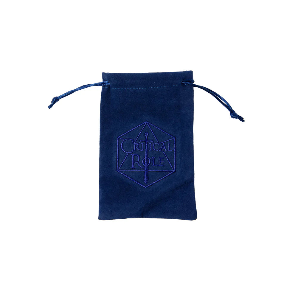 Allura Vysoren dice set, Critical Role dice, Tal'Dorei dice set, arcanist RPG dice, blue iridescent dice set, D&D spellcaster dice, Leia Rondeau dice design, official Critical Role dice set, d20 with Tal'Dorei icon, Allura Vysoren RPG accessories, navy velvet dice bag, Critical Role collector dice, Nikki Dawes box art, magical DnD dice set, dice for mages and wizards