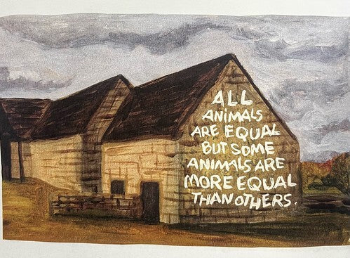 nterior artwork from the graphic novel adaptation of Animal Farm by Odyr, featuring expressive full-color illustrations inspired by George Orwell's classic allegory.