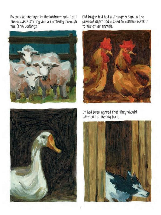 Interior artwork from the graphic novel adaptation of Animal Farm by Odyr, featuring expressive full-color illustrations inspired by George Orwell's classic allegory.