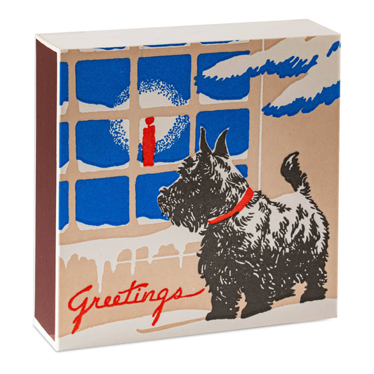 Scotty Dog Christmas matches, holiday matchbox gift, Archivist letterpress matchbox, oversized square matchbox, winter dog illustration, Christmas stocking stuffer under 20, luxury matches UK made, festive home decor accessories, candle-lighting matches, Rogue & Rye holiday gifts, artisan matchboxes, illustrated winter matchbox, collectible matchbox art, hostess gift ideas, cozy holiday home goods.