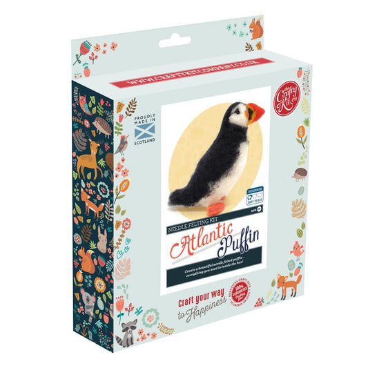 atlantic puffin needle felting kit, british birds craft kit, puffin wool felting project, beginner felting kit puffin, The Crafty Kit Company bird kits, DIY puffin needle felt, coastal animal craft kit, Corriedale wool puffin, handmade puffin felting kit, bird lover gift idea
